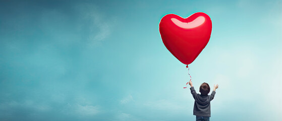 Back view of a kid raising arms with red love valentine heart shaped balloon against sky background - obrazy, fototapety, plakaty