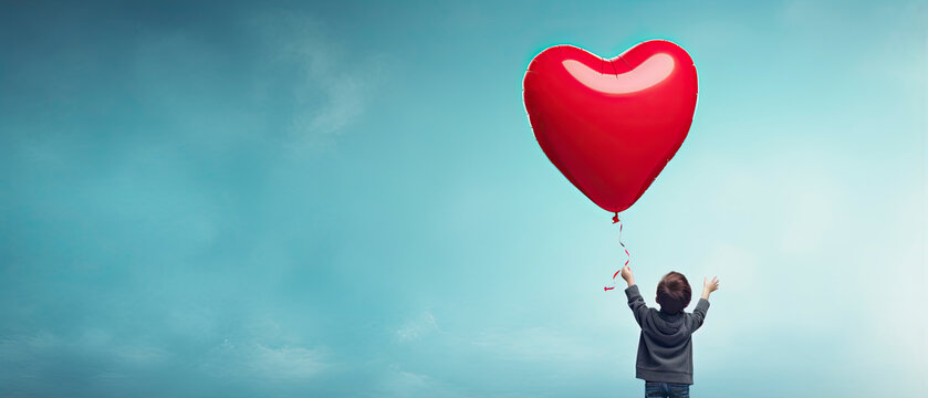 Back view of a kid raising arms with red love valentine heart shaped balloon against sky background