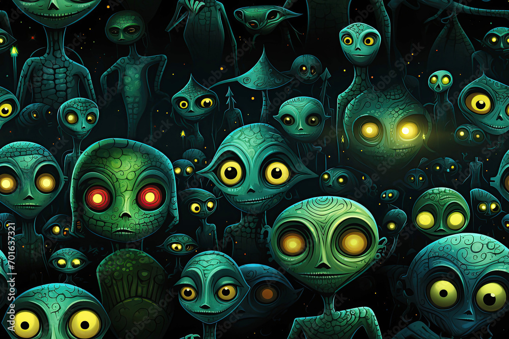 Poster seamless pattern texture with funny cartoon characters green aliens in space on black background