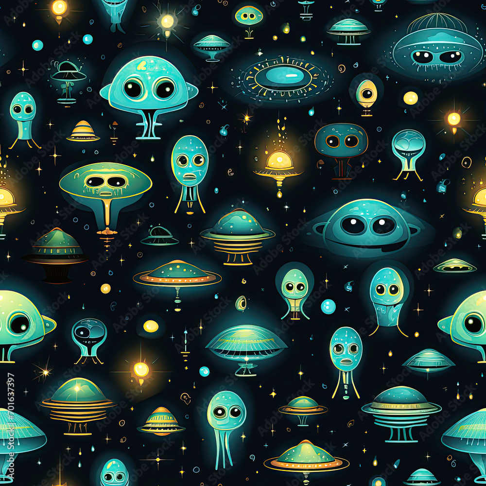 Poster seamless pattern texture with funny cartoon characters blue aliens in space on black background