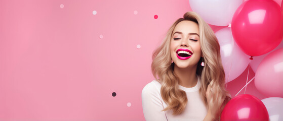 Obraz na płótnie Canvas Cheerful beauty girl with red and pink balloon laughing on pink background, Valentines concept