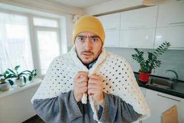 Crisp Cold Portrait Bearded Man Tucked Under Duvet in Winter