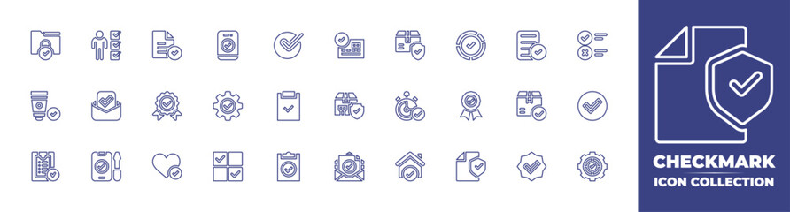 Checkmark line icon collection. Editable stroke. Vector illustration. Containing checkmark, pros and cons, clipboard, check, task, tick, accept, success, package, select, verified, checked, medal.