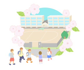 ベクターイラスト:小学校_桜_ランドセルを背負って通学する小学生