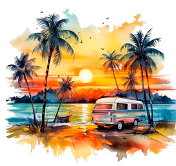 Перейти к странице
|12345Далее
watercolor drawing, sunset landscape by the sea with a mobile home. car travel, beautiful tropical landscape with palm trees and sea