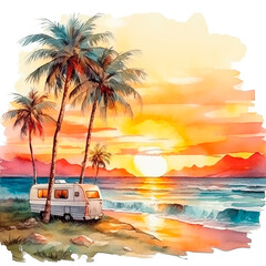 Перейти к странице
|12345Далее
watercolor drawing, sunset landscape by the sea with a mobile home. car travel, beautiful tropical landscape with palm trees and sea