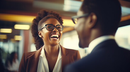 horizontal image of a young business woman laughing at the office with a colleague AI generated