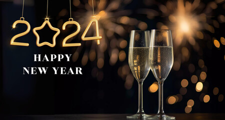 Toast of Champagne glasses,Happy New Year 2024 with firework background.