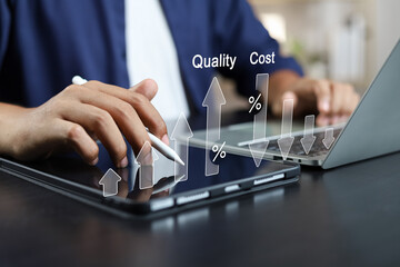 Business strategy success Cost and quality control for effective management Achieving goals, Businessman analyzing growth graph and cost reduction, Success business growth for long-term investments. - obrazy, fototapety, plakaty