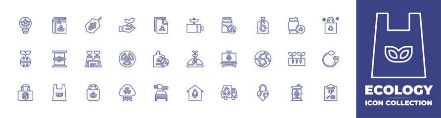 Ecology line icon collection. Editable stroke. Vector illustration. Containing eco factory, eco bag, eco house, eco tag, environment, ecology, ecology book, eco battery, eco fuel, eco, bag.