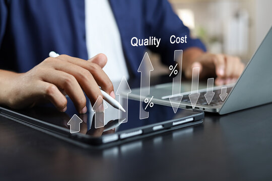 Business strategy success Cost and quality control for effective management Achieving goals, Businessman analyzing growth graph and cost reduction, Success business growth for long-term investments.
