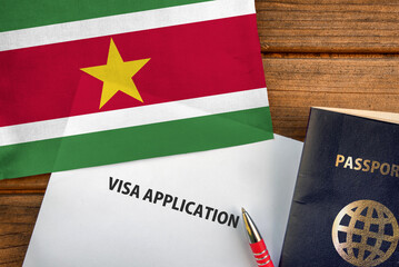 Visa application form, passport and flag of Suriname
