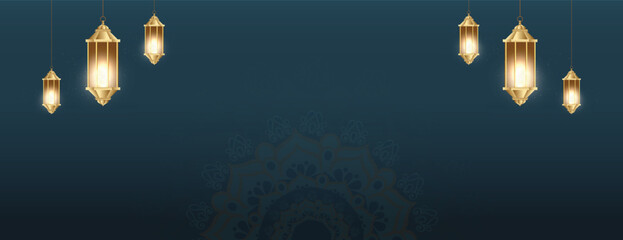 Ramadan Kareem wishing, or greeting banner Ramzan Islamic mandala background design with teal color social media ramazan sale, advertisement, banner, poster vector illustration	