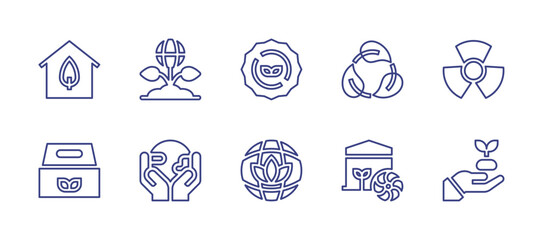 Ecology line icon set. Editable stroke. Vector illustration. Containing eco packaging, eco house, eco friendly, ecologic, natural, earth, recycle sign, nuclear energy, cooling system, growth.