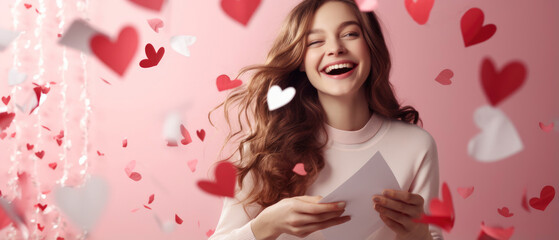 Obraz na płótnie Canvas Excited positive girl smiling and looking at falling heart paper in Valentine day on pink background
