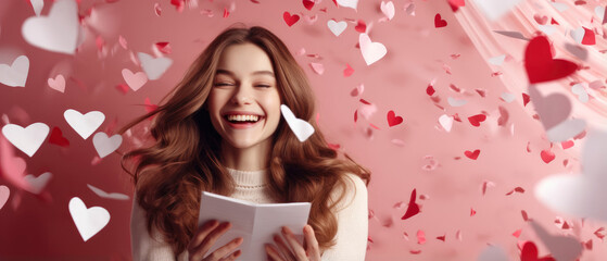 Obraz na płótnie Canvas Excited positive girl smiling and looking at falling heart paper in Valentine day on pink background