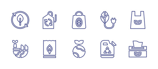 Ecology line icon set. Editable stroke. Vector illustration. Containing eco bag, growth, eco packaging, eco tag, bio, green energy, manufacturing, recycle.