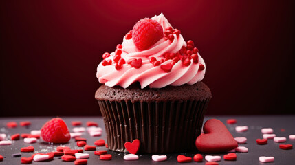 Close up delicious cupcake for Valentine Day on red bokeh blur background