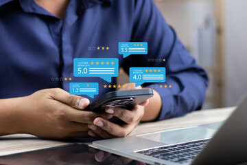 Online customer satisfaction Survey service concept, client rate service from experience in application,Consumer give five-Stars and feedback review for quality, Business reputation ranking from buyer