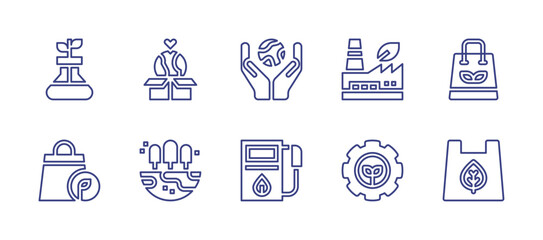 Ecology line icon set. Editable stroke. Vector illustration. Containing earth, gas station, factory, shopping bag, cogwheel, recyclable, lab, donation.