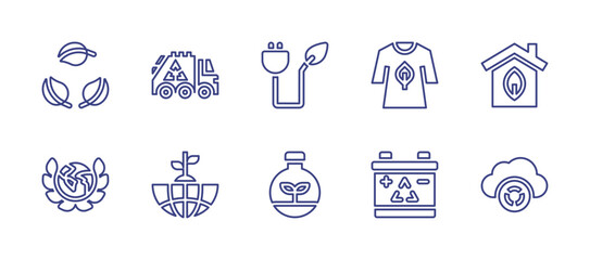 Ecology line icon set. Editable stroke. Vector illustration. Containing biodegradable, eco home, electric plug, green energy, laurel, recycling, recycling truck, tshirt, plant, recycle.