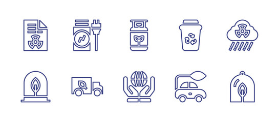 Ecology line icon set. Editable stroke. Vector illustration. Containing battery, plant, world, truck, trash, biogas, electric car, nuclear, acid rain.