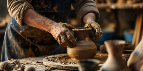 Potter shaping a clay vase, focused and joyful.