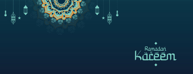 Ramadan Kareem wishing, or greeting banner Ramzan Islamic mandala background design with blue color social media ramazan sale, advertisement, banner, poster vector illustration	