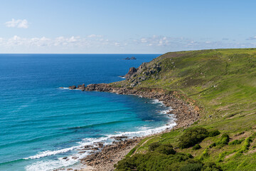 Celtic Sea Coast and cliffs near Gwynwer Beach, Cornwall, England, UK