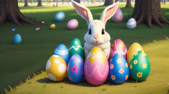 S&uuml;&szlig;er Osterhase versteckt sich hinter Ostereiern . 3d Animation , KI Generated