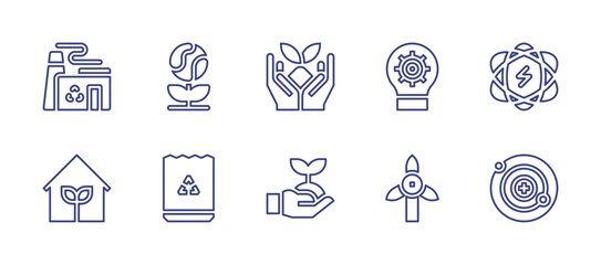 Ecology line icon set. Editable stroke. Vector illustration. Containing sprout, growth, lightbulb, nuclear energy, turbine, neutron, earth, paper bag, recycling, garden.
