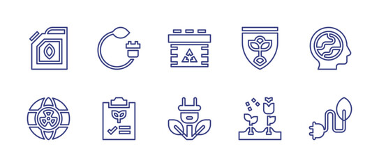 Ecology line icon set. Editable stroke. Vector illustration. Containing green power, world environment day, planning, plug, biofuel, radioactivity, reusable, sustainable energy, shield, flowers.