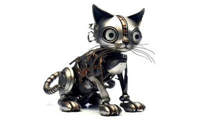cute cats mechanical steel robot, old iron cats, with isolated white background, ai generated