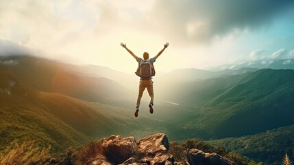 Happy man with arms up jumping on the cliff. celebration of a young man success hiking mountain. lifestyle concept.