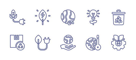 Ecology line icon set. Editable stroke. Vector illustration. Containing green energy, recycle bin, cardboard, natural, planet earth, earth, innovation, global warming, agronomy.