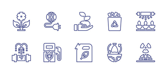 Ecology line icon set. Editable stroke. Vector illustration. Containing energy, gas station, sprout, biofuel, recycling container, lightbulb, trash, nuclear, flower, pipe.