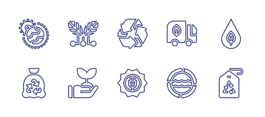 Ecology line icon set. Editable stroke. Vector illustration. Containing ozone, garbage bag, recycle, drop, solar energy, recycle bag, transport, sustainable, green technology, sprout.