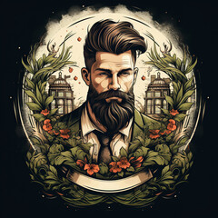 logo emblem for the barbershop men's salon with a portrait of a stylish fashionable man with a beard and mustache on black background