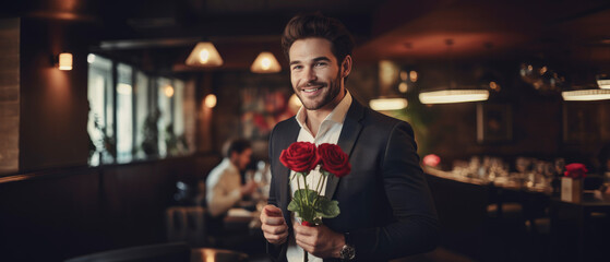 Handsome elegant man holding red roses and smiling in restuarant, valentine concept - obrazy, fototapety, plakaty