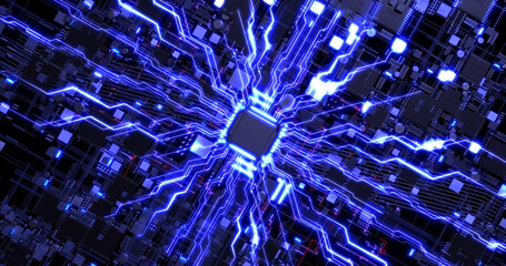 Close Up High Tech Circuit Computer Board Processor. Futuristic Technology. Computer And Technology Related 3D Illustration Render
