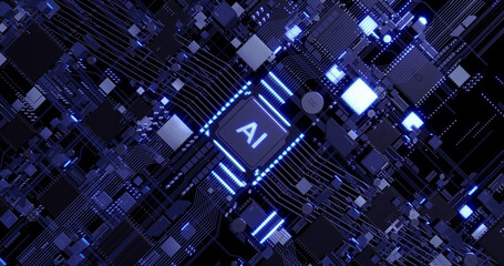AI CPU Processing Data. Glowing Data Signals Flowing. Futuristic AI Processor. Computer And Technology Related 3D Illustration Render