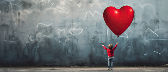 Rear view of a kid raising arms with red love valentine heart shaped balloon on grey graffiti background
