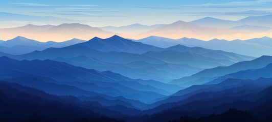 Beautiful landscapes of forests, mountains and adventurous nature. Travel background Panorama - illustrations of silhouettes of landscapes, valleys of pine trees, forests and mountain peaks.