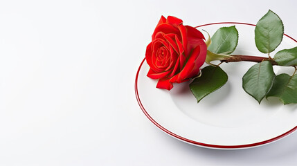 Red rose on a dish white background in Valentines day concept