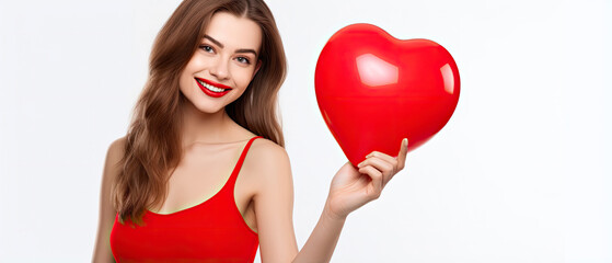Obraz na płótnie Canvas Smiling Valentine beauty girl with red balloon isolated on white background, copyspace