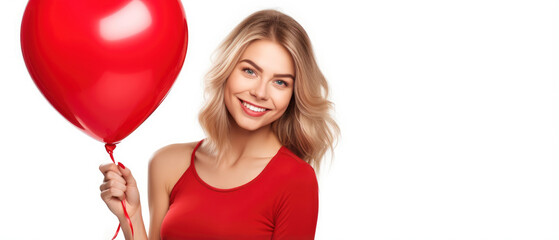 Smiling Valentine beauty girl with red balloon isolated on white background, copyspace
