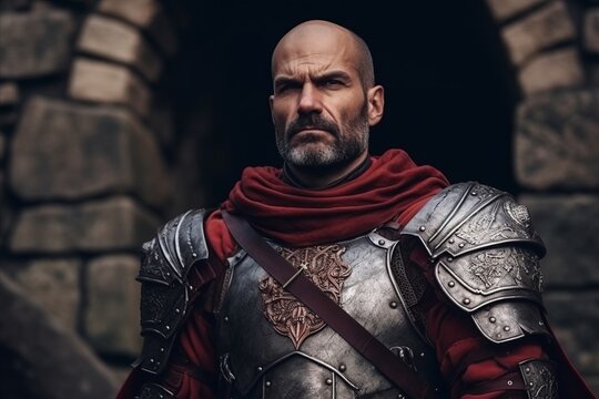 Portrait of a medieval knight in armor on the background of an old castle