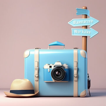 Blue Suitcase and Hat by the Water: A Serene Scene by the Sea
