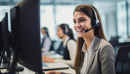 Office happy communication operator telemarketing business call headset support technology service - obrazy, fototapety, plakaty