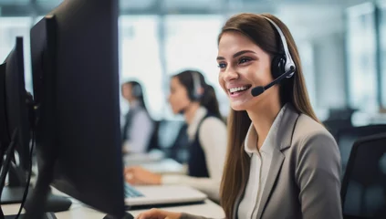 Deurstickers Office happy communication operator telemarketing business call headset support technology service © SHOTPRIME STUDIO